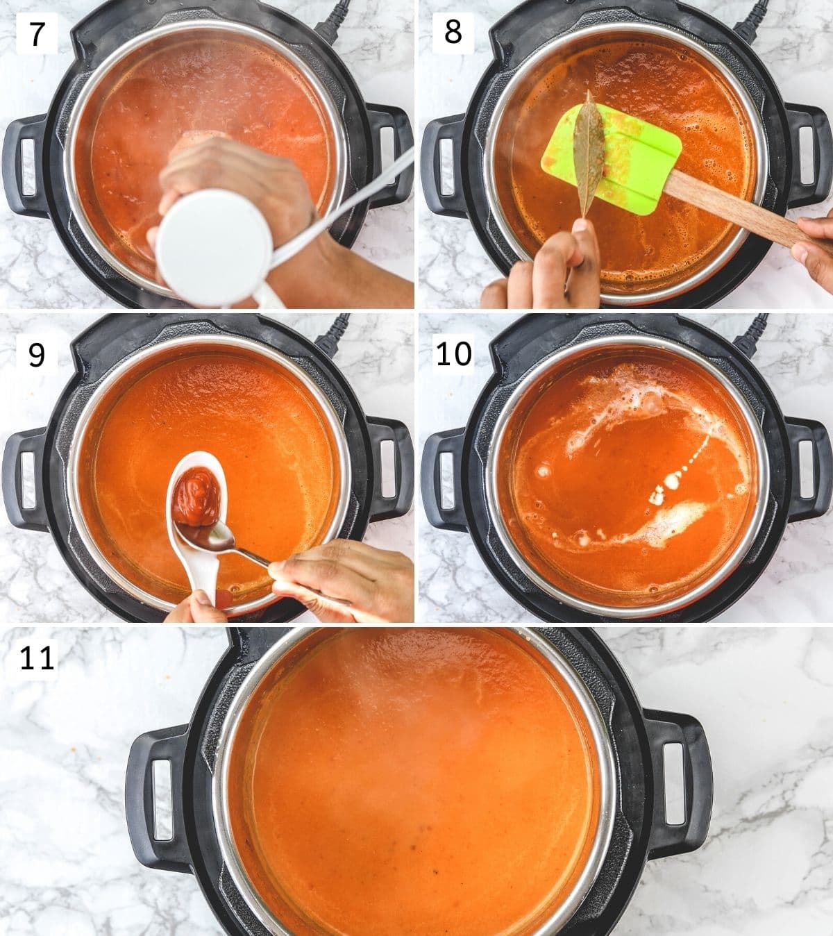 Collage of 5 steps showing removing bay leaf, grinding to smooth puree, adding ketchup and cream.