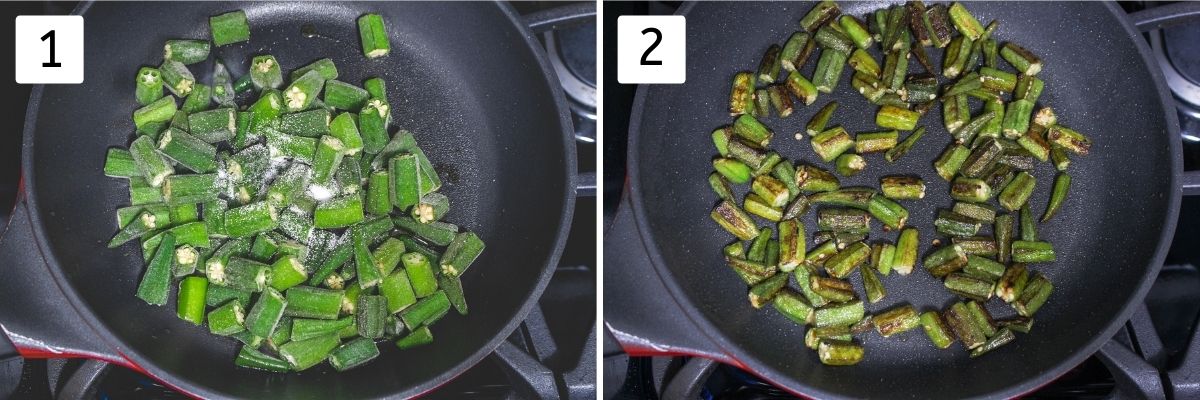 Collage of 2 steps showing cooking okra in the pan.