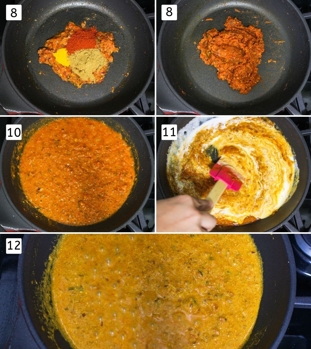 Collage of 5 steps showing adding spices to cooked masala, adding yogurt and simmering gravy.