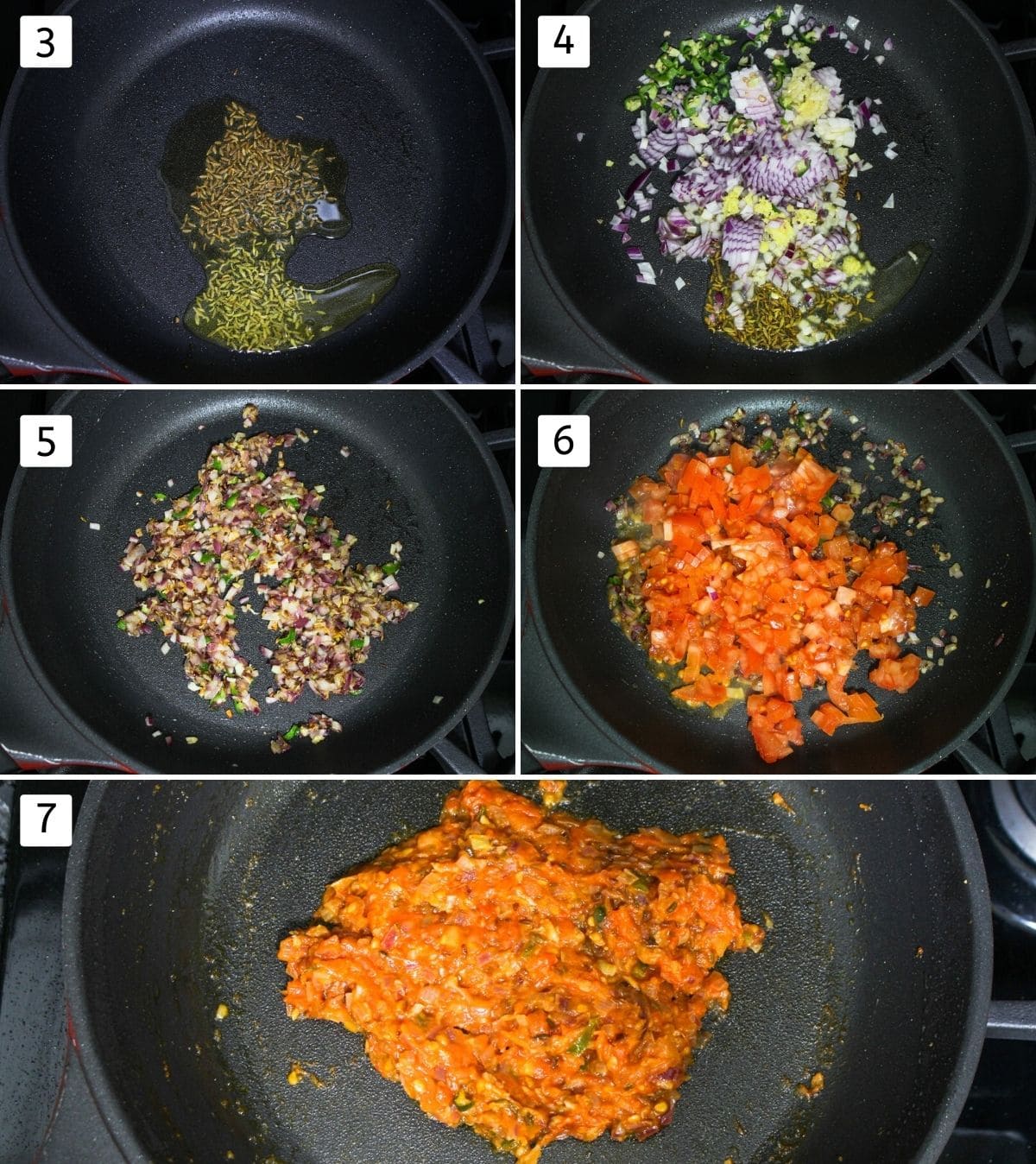 Collage of 5 steps showing tempering, cooking onion and tomatoes.