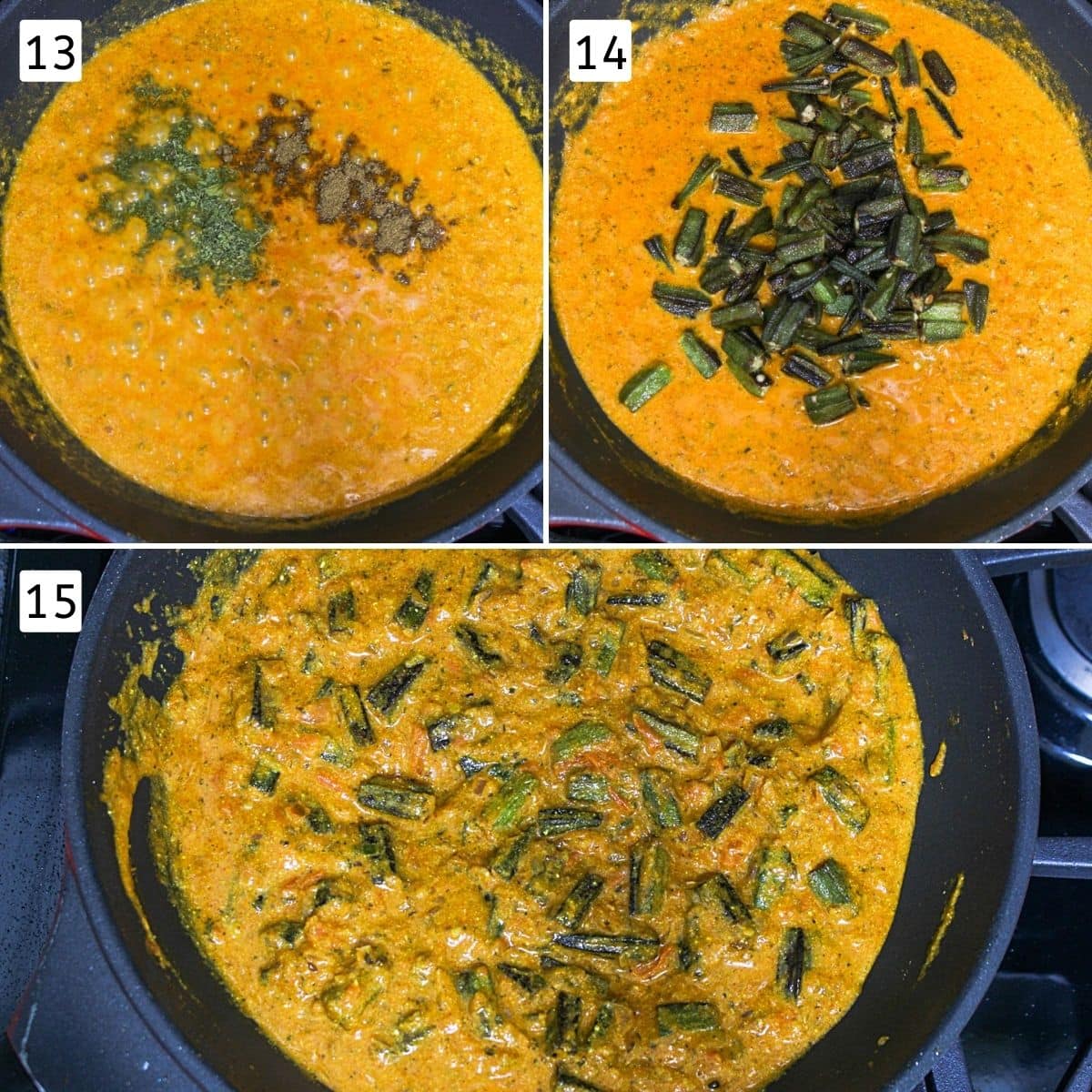 Collage of 3 steps showing adding garam masala, kasoori methi, adding cooked okra and mixing.
