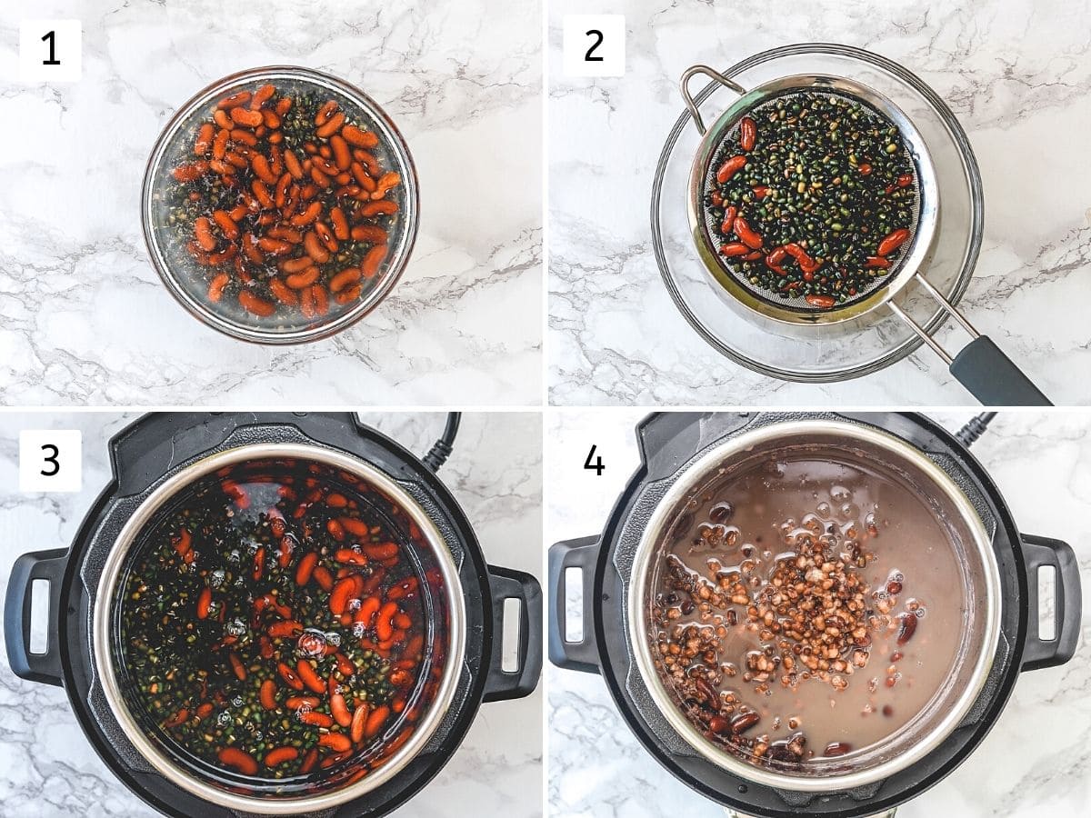 Collage of 4 steps showing soaking lentils, draning water and pressure cooking.