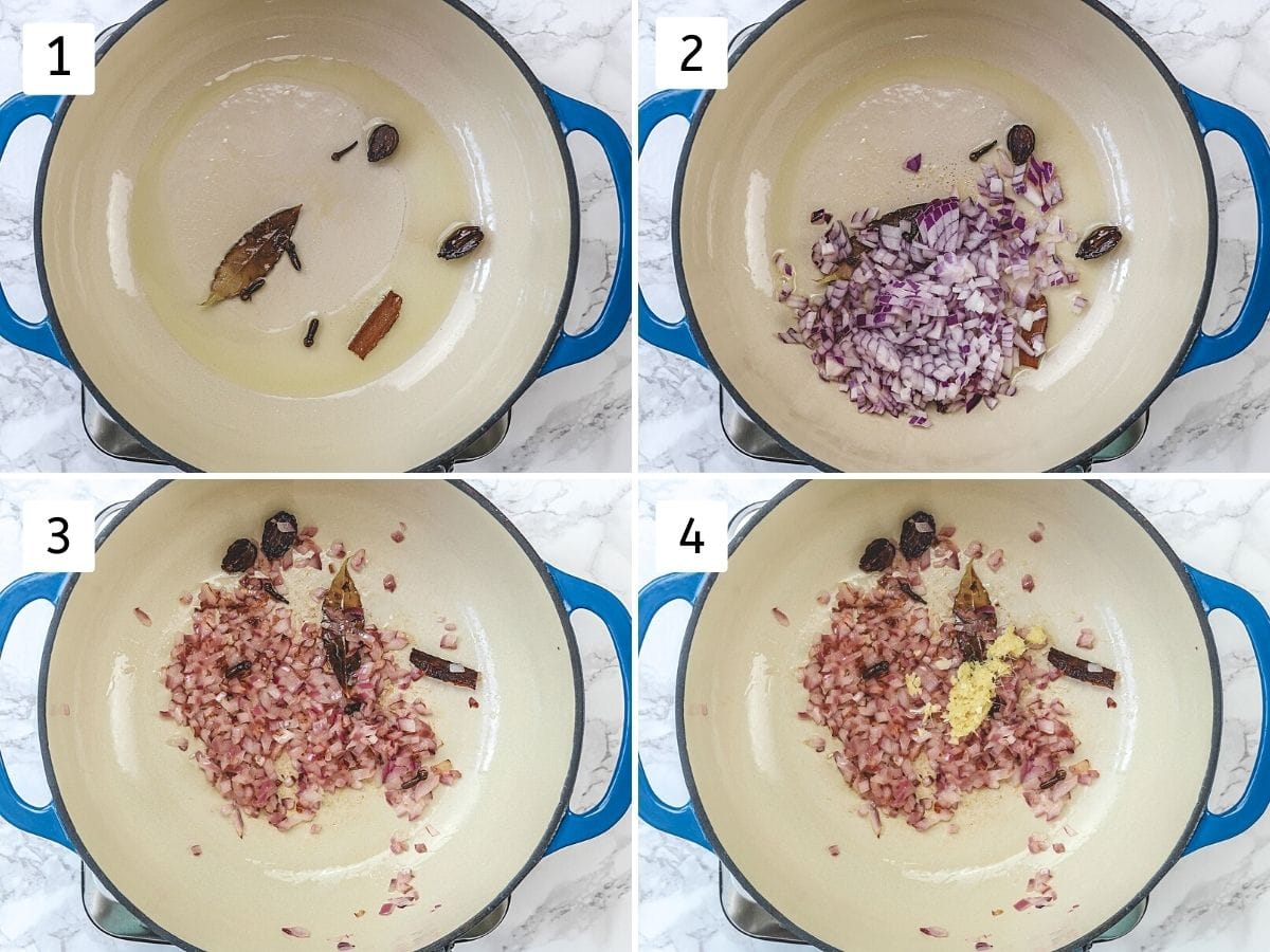 Collage of 4 steps showing sauteeing whole spices, cooking onion and ginger garlic.