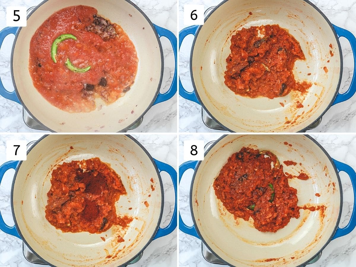 Collage of 4 steps showing cooking tomato puree and mixing spices.