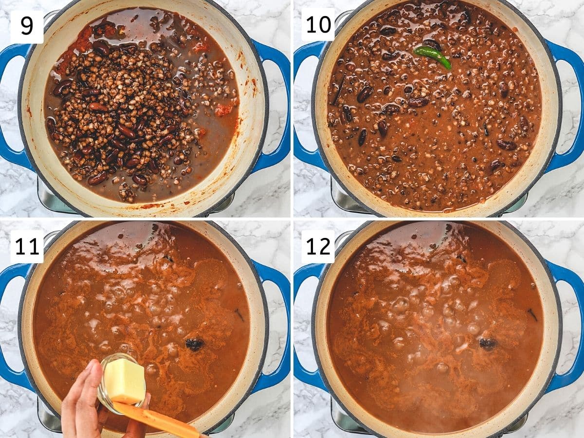 Collage of 4 steps showing adding cooked lentils, butter and simmering dal.