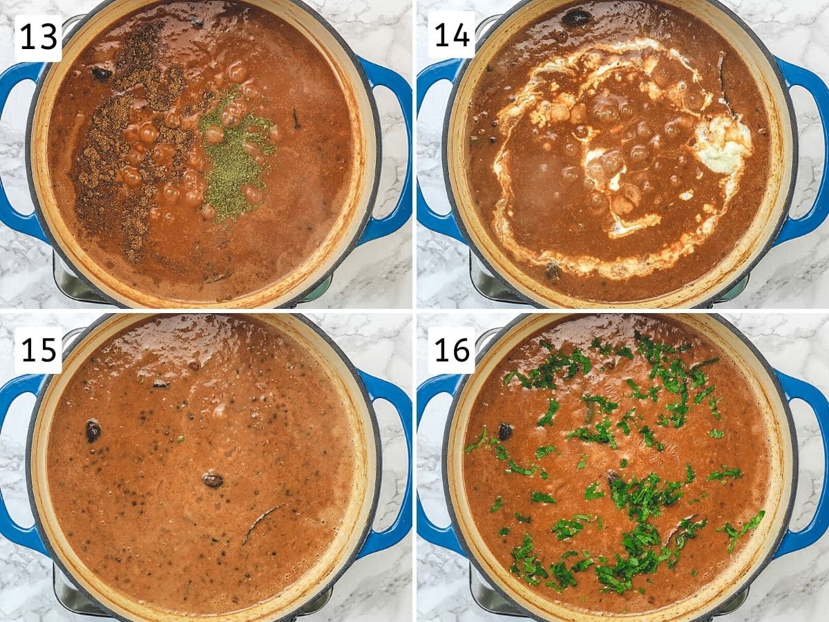 Collage of 4 steps showing adding garam masala and kasoori methi, cream and garnished with cilantro.
