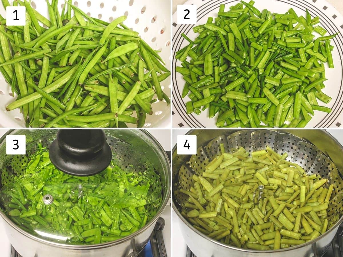 Collage of 4 images showing cluster beans in a cloander, cut into pices and steaming.