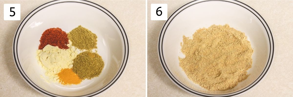 Collage of 2 images showing besan and spices in a bowl and mixed.