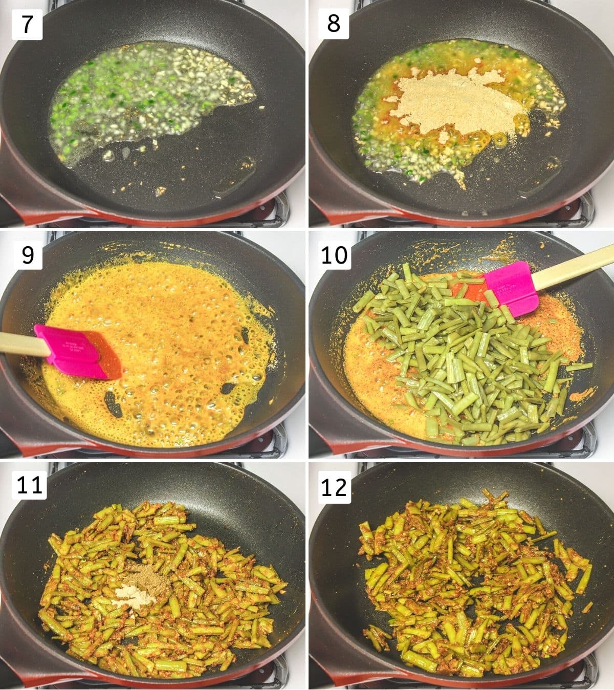Collage of 6 images showing making tempering, adding besan-spices, steamed beans and mixing.