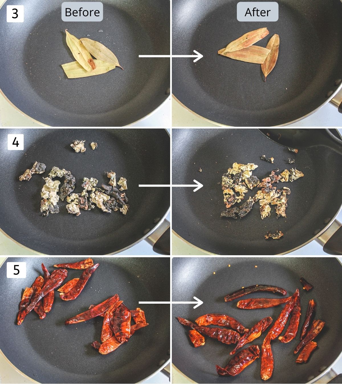 Collage of 6 images showing roasting bay leaves, dagad phool and dry chilies.