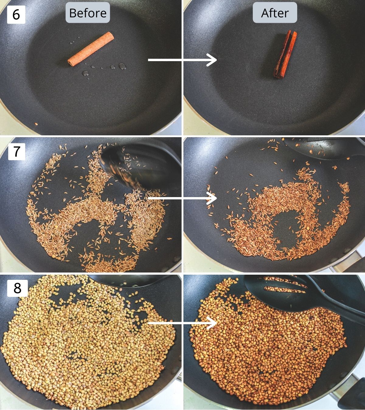 Collage of 6 images showing roasting cinnamon, cumin seeds and coriander seeds.