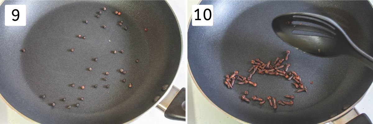 Collage of 2 images showing roasting cloves and peppercorns.