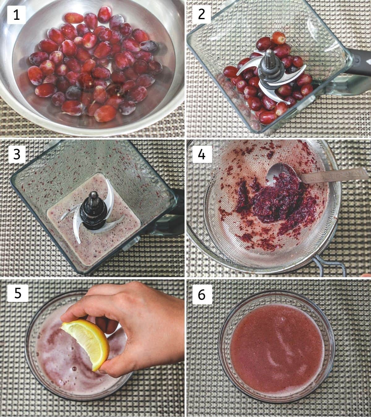 Collage of 6 steps showing soaking grapes, blending into belnder, straining, adding lemon juice.