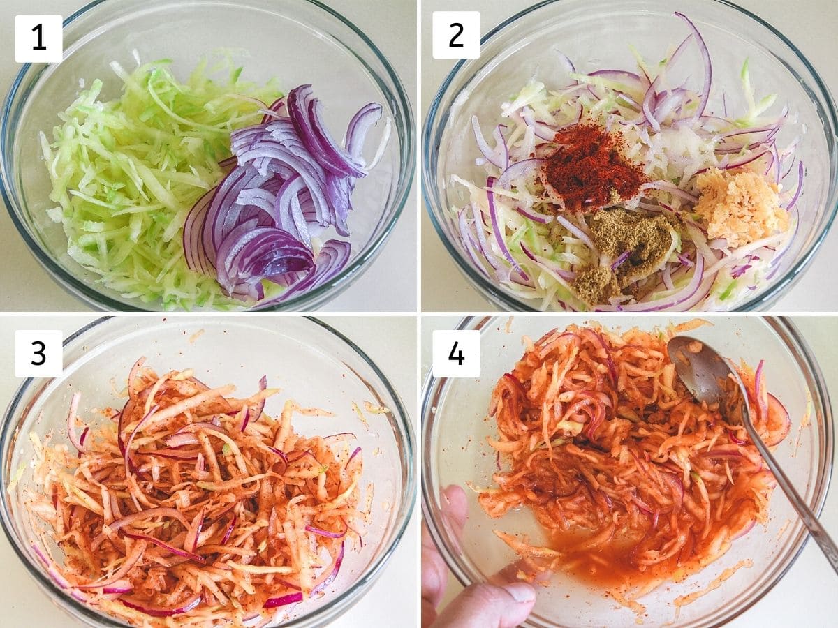 Collage of 4 steps showing mango, onion and spices in a bowl and mixed together.