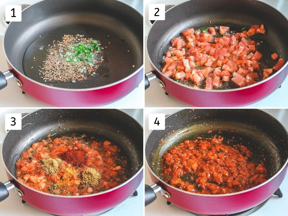 Collage of 4 steps showing tempering, cooking tomatoes, adding spices and mixing.