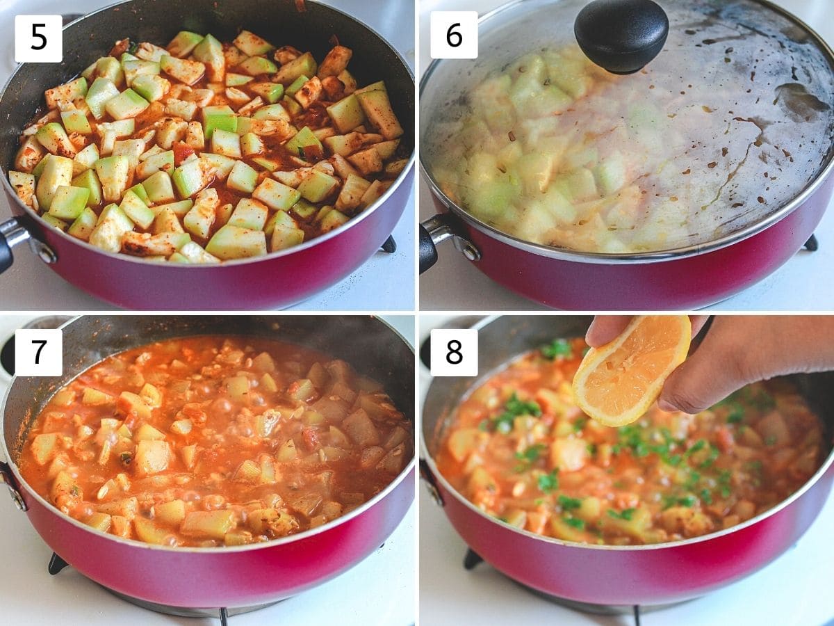 Collage of 4 steps showing adding bottle gourd, cooking, adding lemon juice.