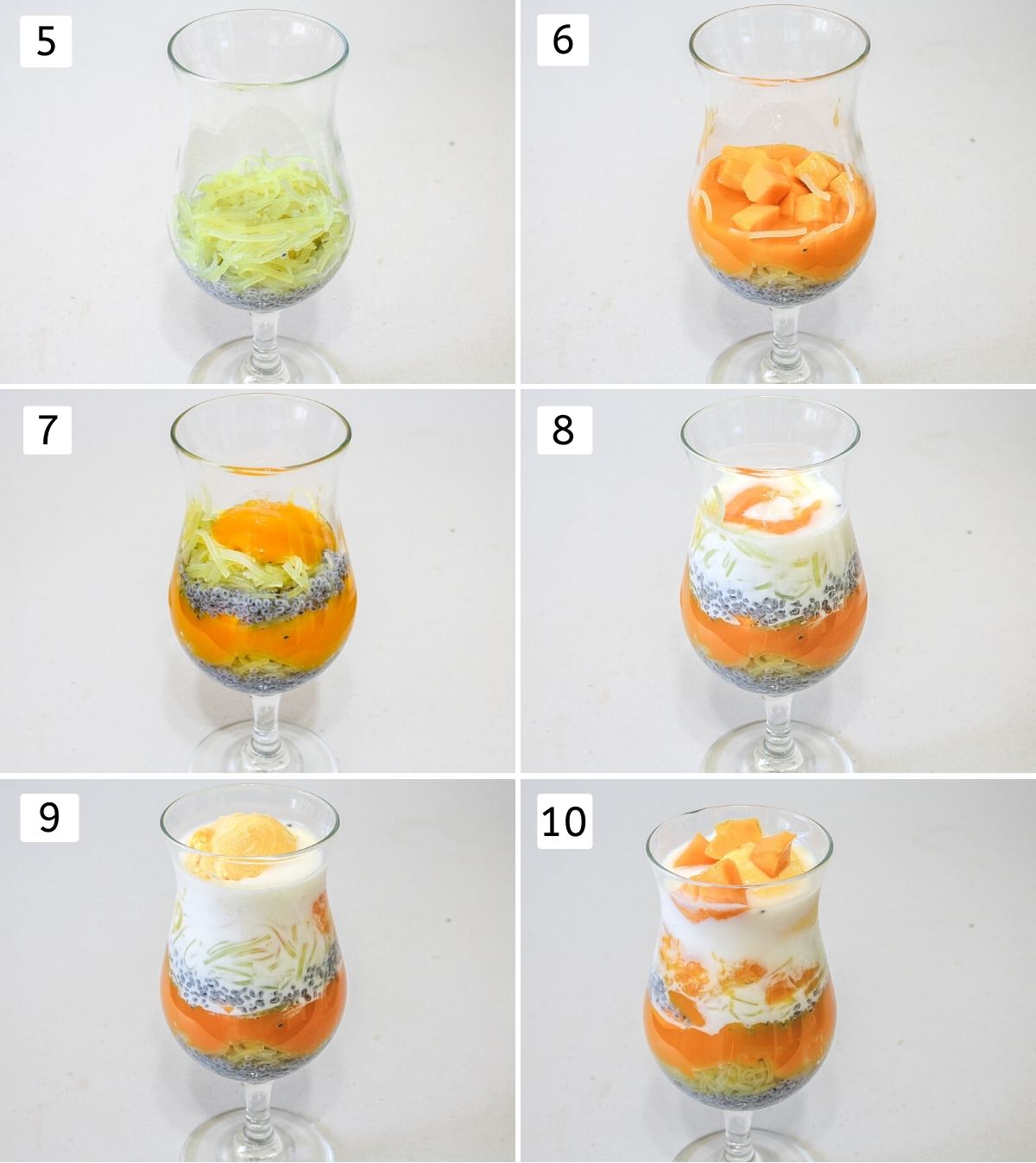 Collage of 6 images showing adding layers one by one to assemble mango falooda.