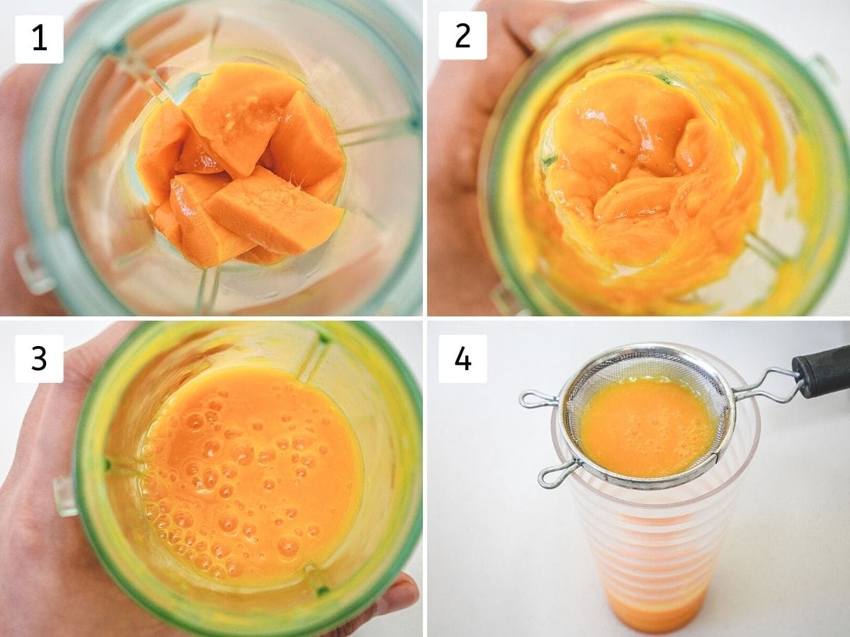 Collage of 4 images showing mango cubes in a blender, smooth puree, straining the juice.