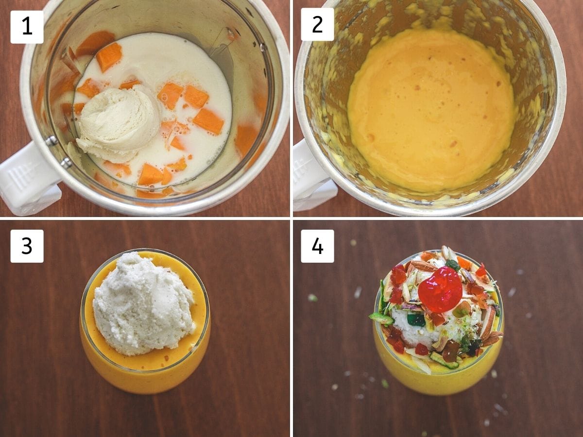 Collage of 4 steps showing mango milkshake in a blender and drink served in a glass.