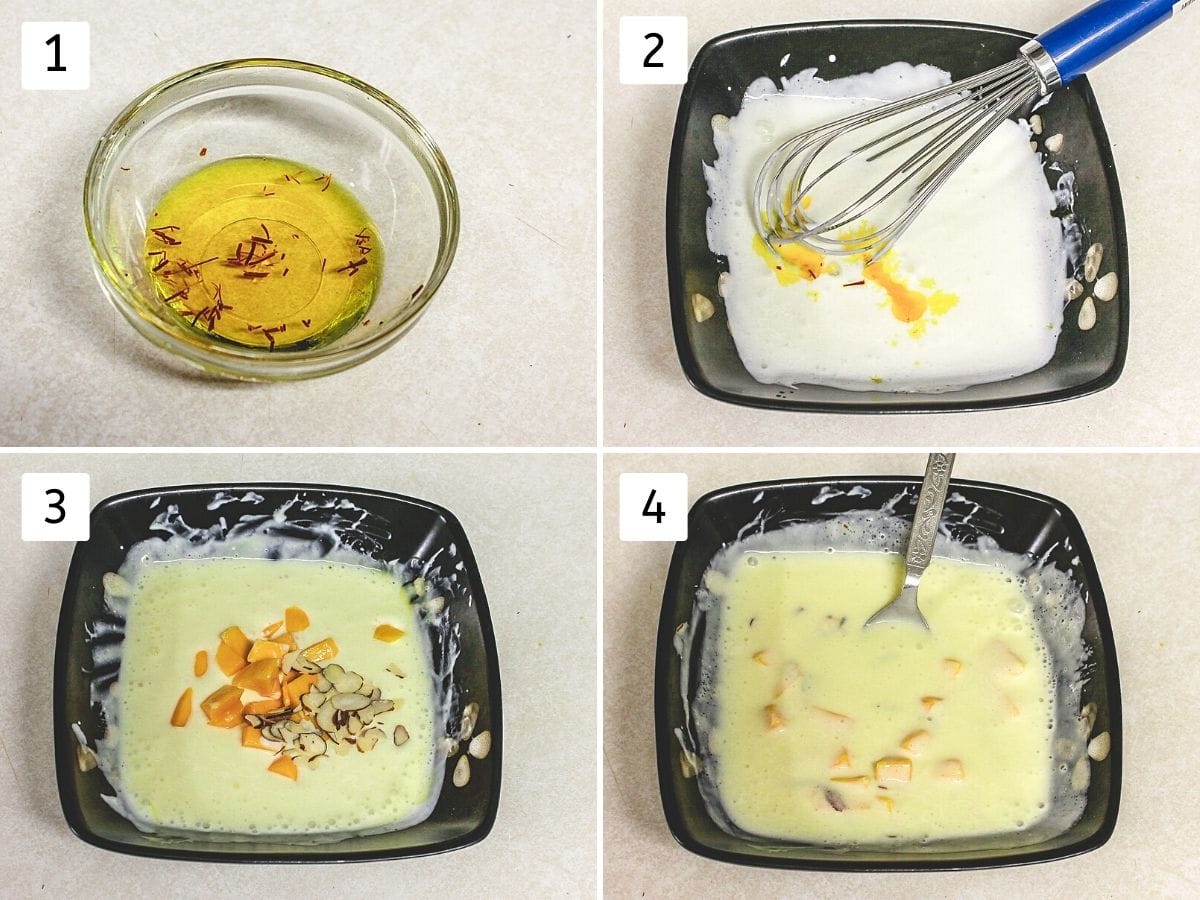 Collage of 4 steps showing saffron-infused water, adding everything into the yogurt, mixing.