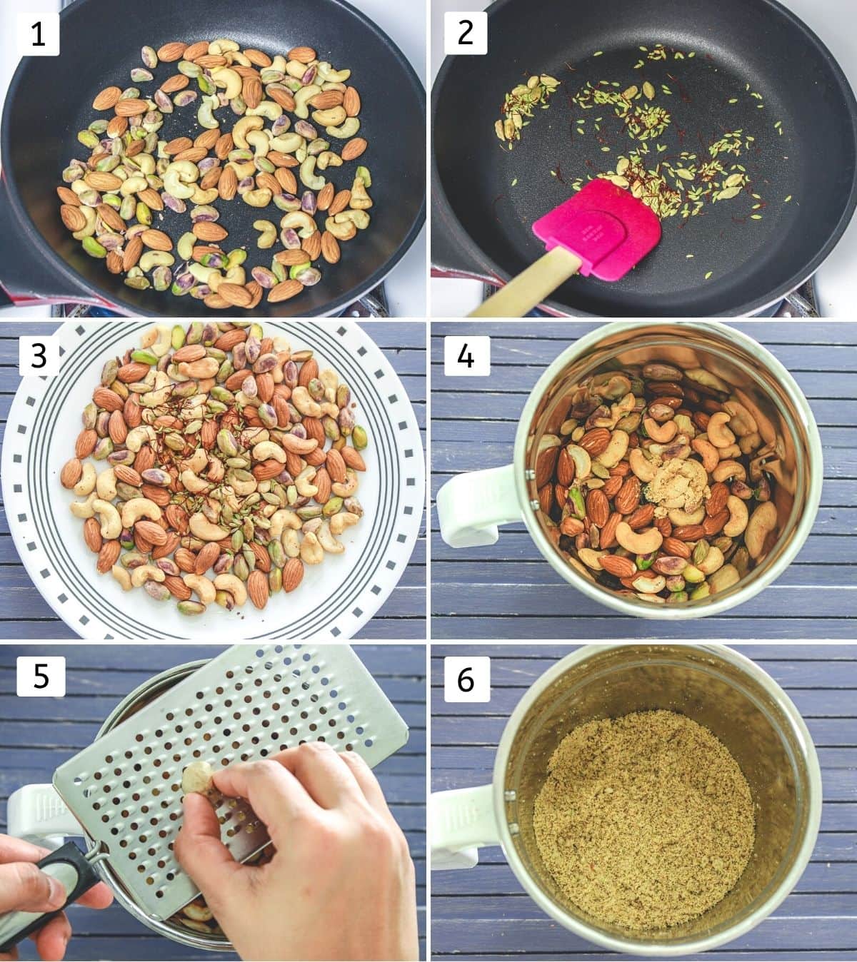 Collage of 6 images showing dry roasting nuts and spices, added to the grinder and powder ready.