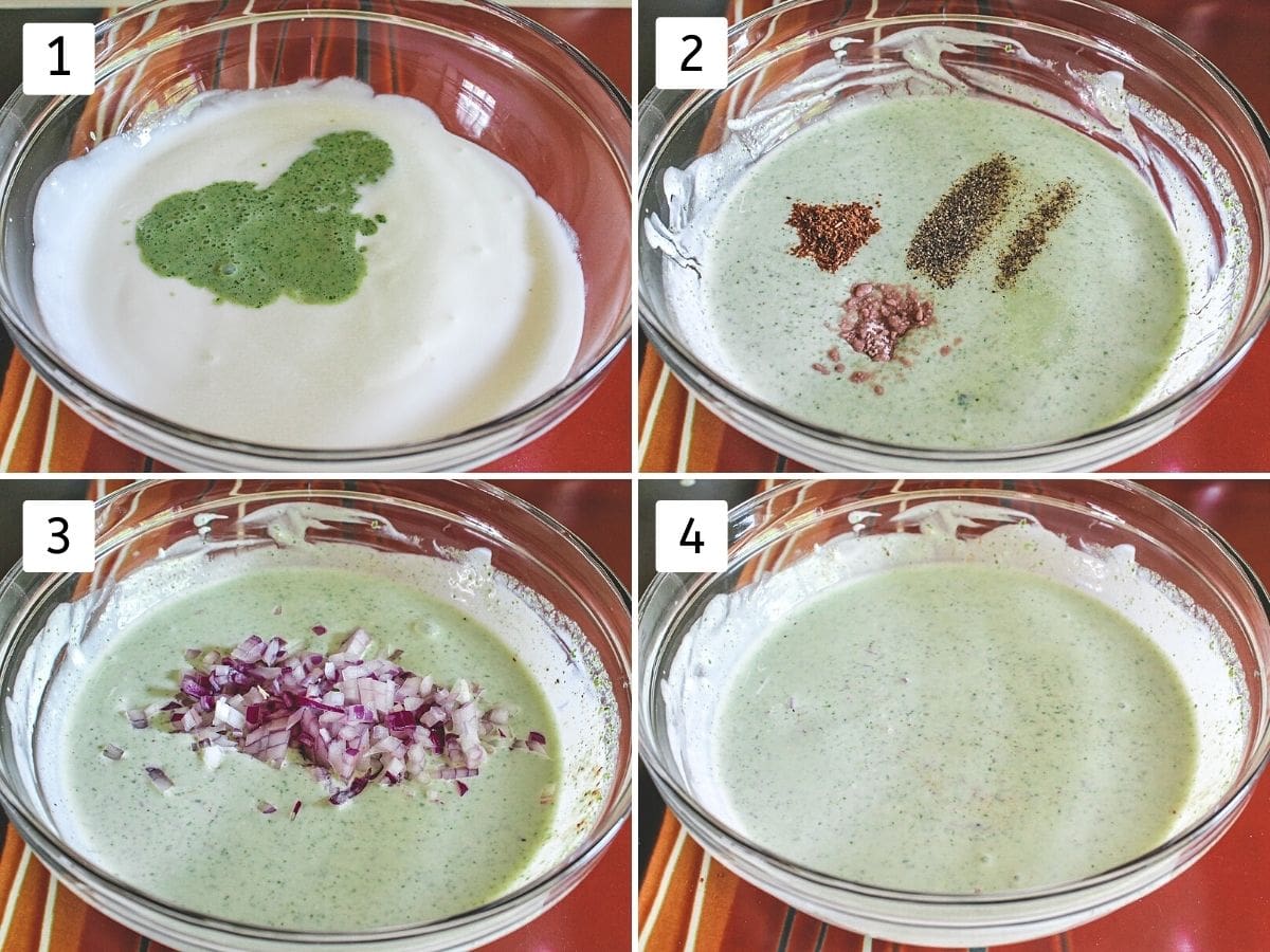 Collage of 4 steps showing adding mint paste, spices and onion to yogurt and mixing.