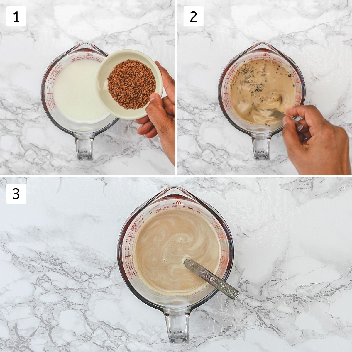 Collage of 3 steps showing adding coffe granules in milk, and mixing.