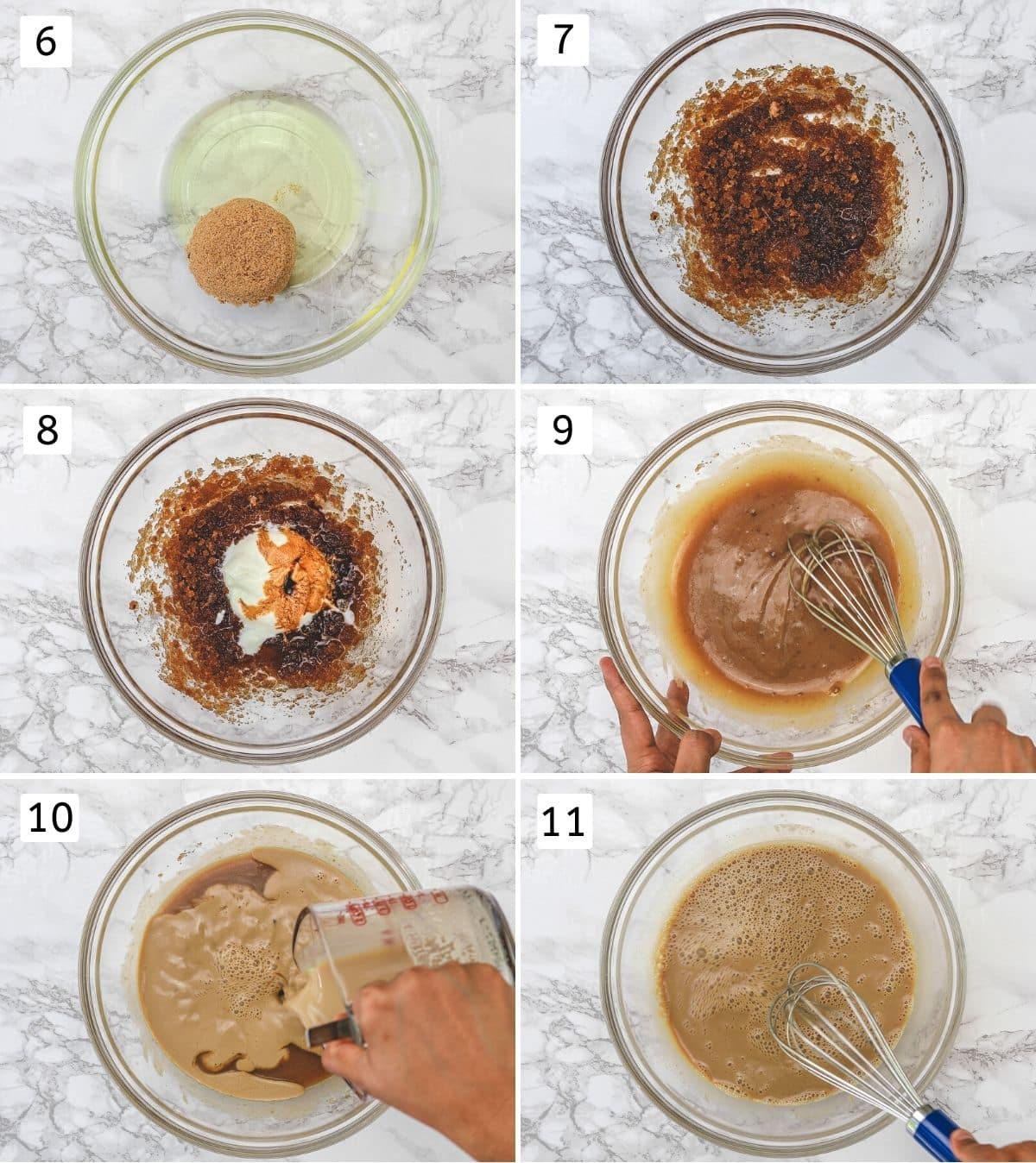Collage of 6 steps showing adding wet ingredients and sugar in a bowl and beating with a whisk.