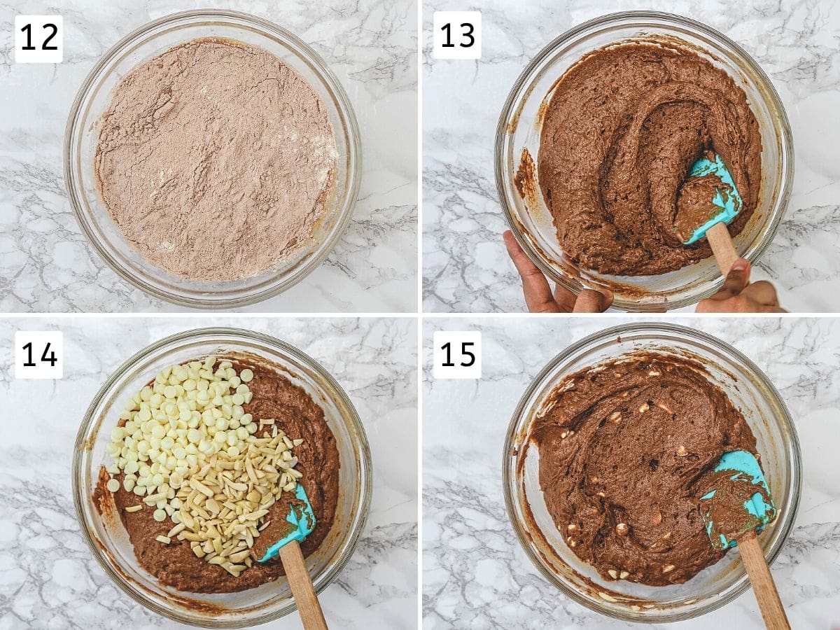 Collage of 4 steps showing adding dry to wet, making batter, folding in add-ins.