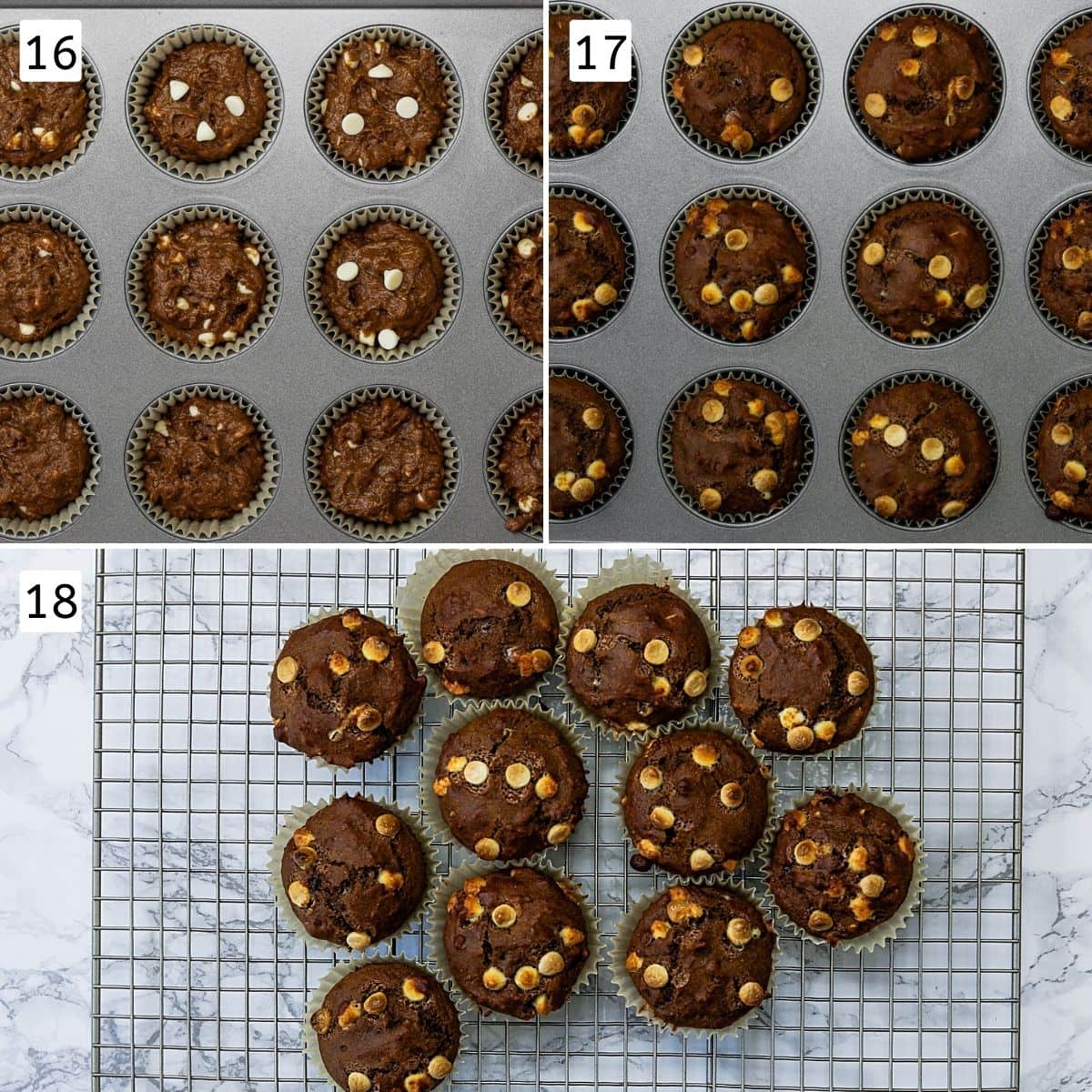 Collage of 3 steps showing batter in muffin pan, baked muffins and cooling a rack.