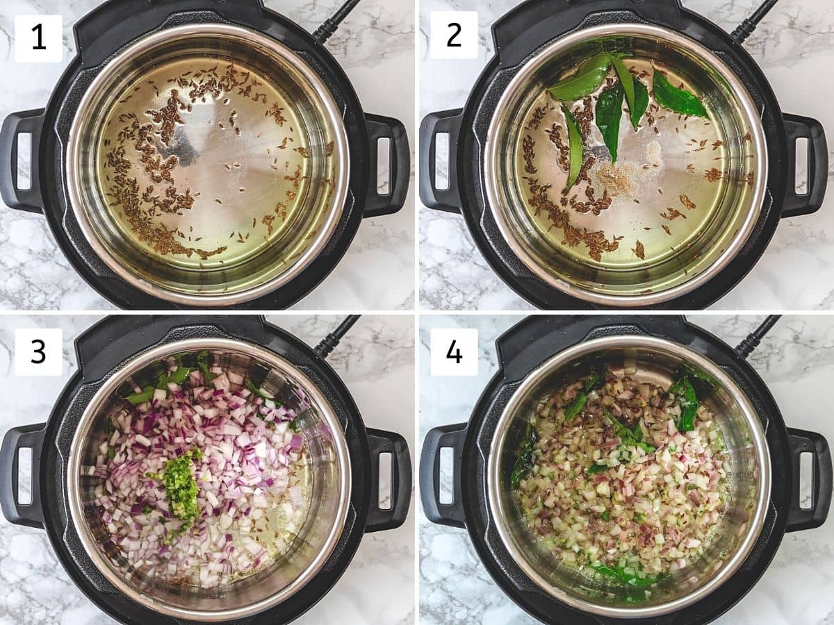 Collage of 4 steps showing sauteeing onion, ginger, garlic and green chili.