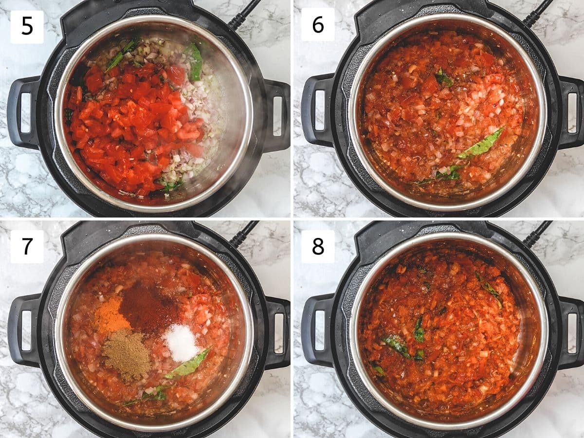 Collage of 4 steps showing cooking tomato and mixing spice powders.
