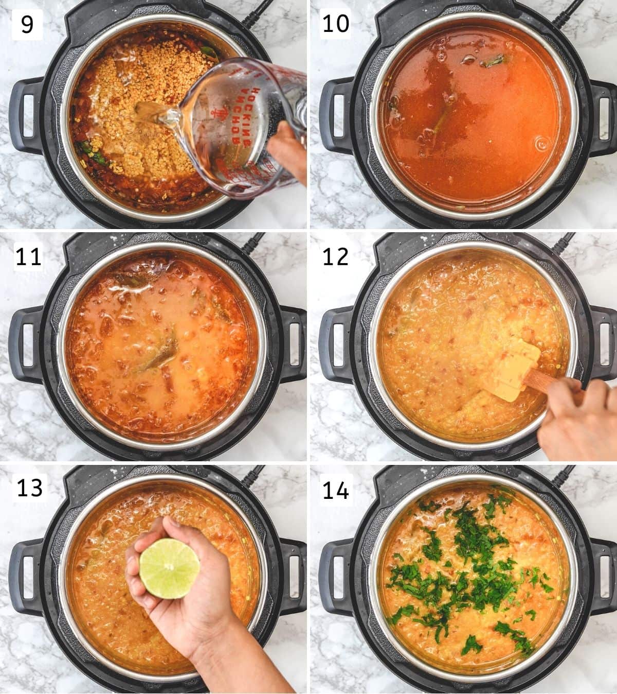 Collage of 6 steps showing adding moong dal, pressue cooked dal, adding lime juice and cilantro.