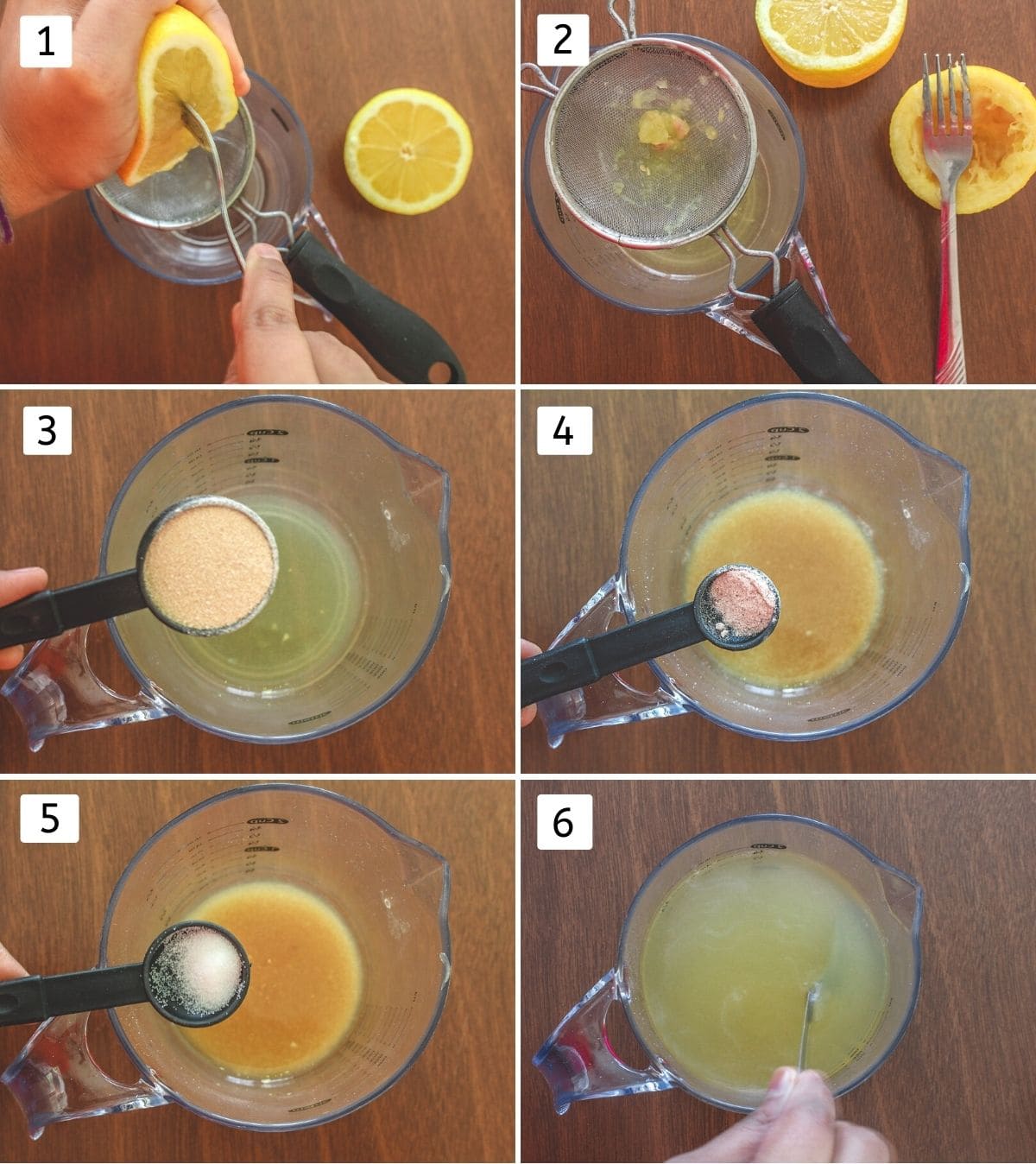 Collage of 6 images showing juicing the lemon, adding rest ingredient and stirring together.