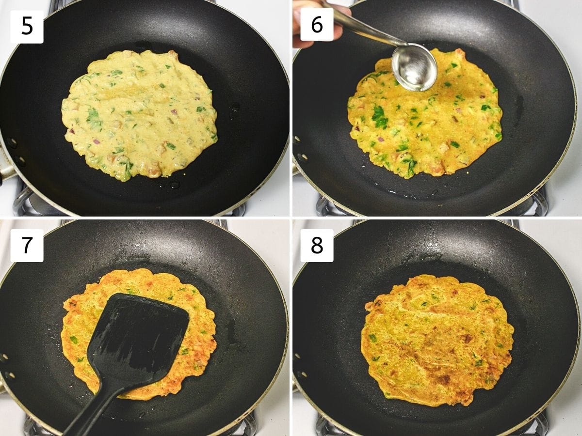 Collage of 4 steps showing spreading batter in the pan, cooking both sides to make chilla.