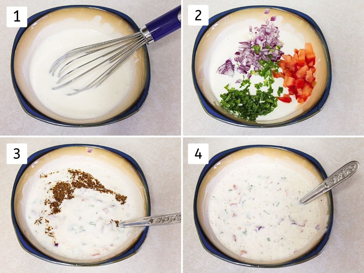 Collage of 4 steps showing whisked yogurt, adding onion, tomato, spices and mixing.