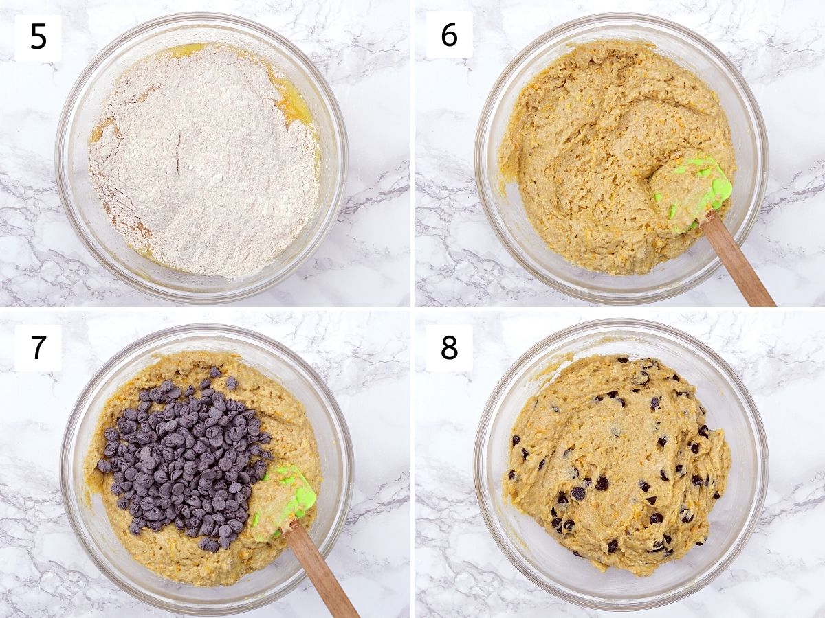 Collage of 4 steps showing adding dry to wet bowl, mixing and folding in chocolate chips.