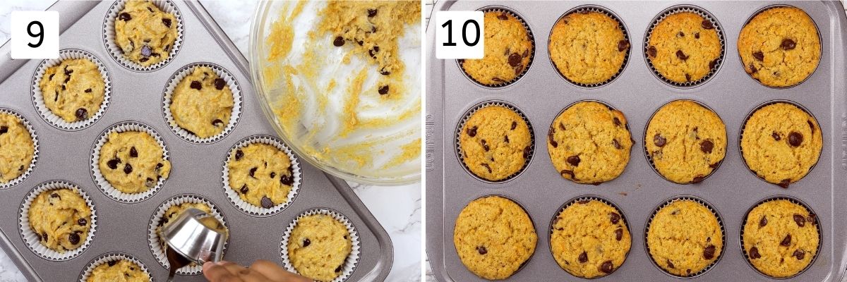 Collage of 2 steps showing muffin batter in a muffin pan and baked muffins in a pan.
