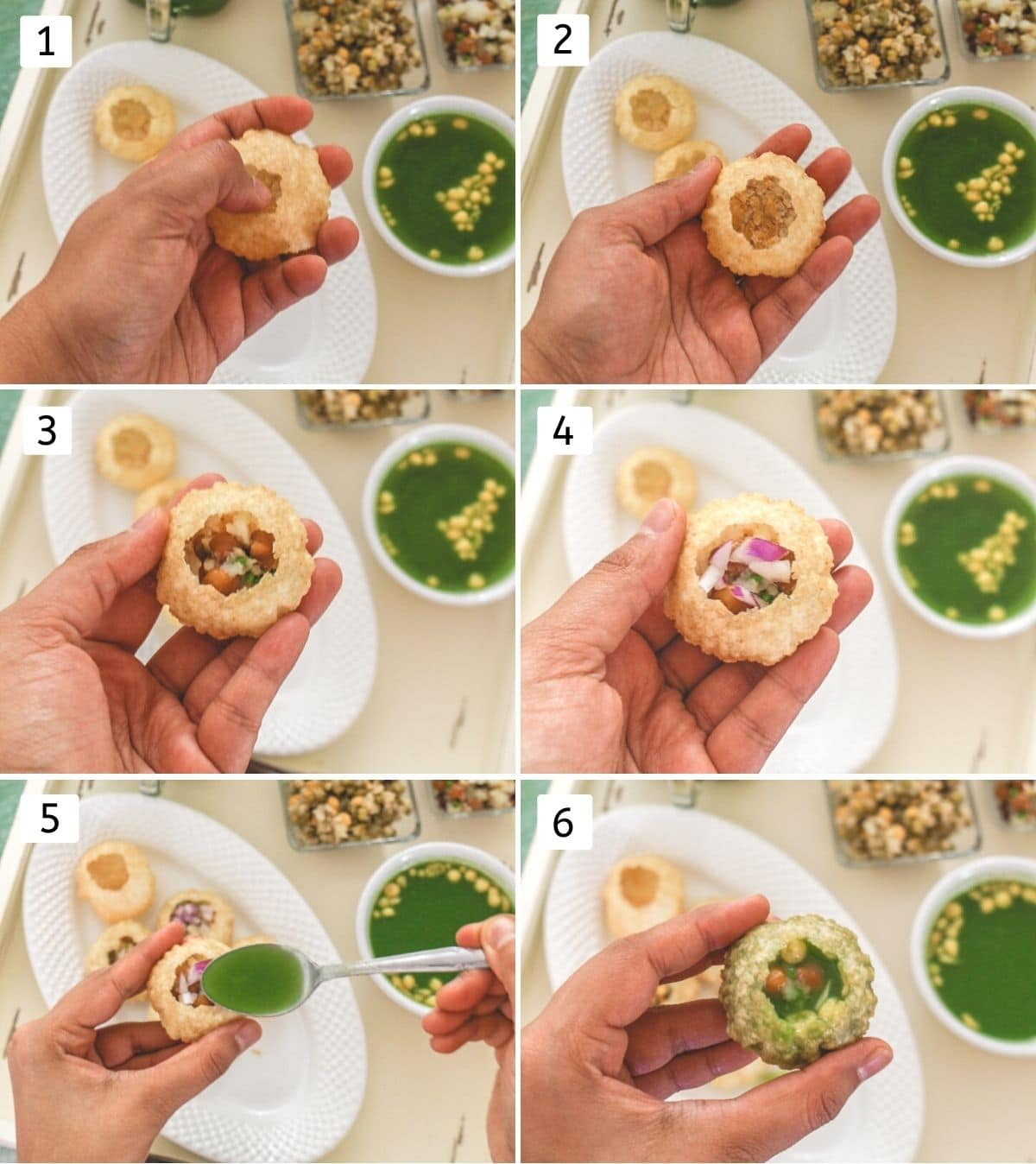 Collage of 6 steps showing making hole in puri, stuffing it and filling it with water.