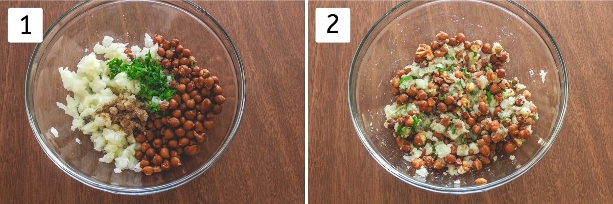 Collage of 2 steps showing kala chana stuffing ingredients in a bowl and mixed.