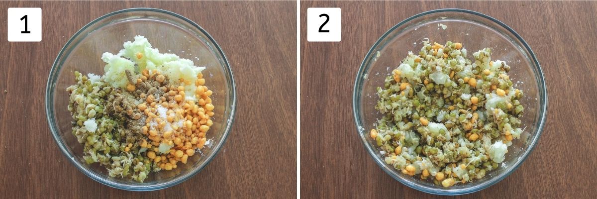 Collage of 2 steps showing sprouted moong stuffing ingredients in a bowl and mixed.