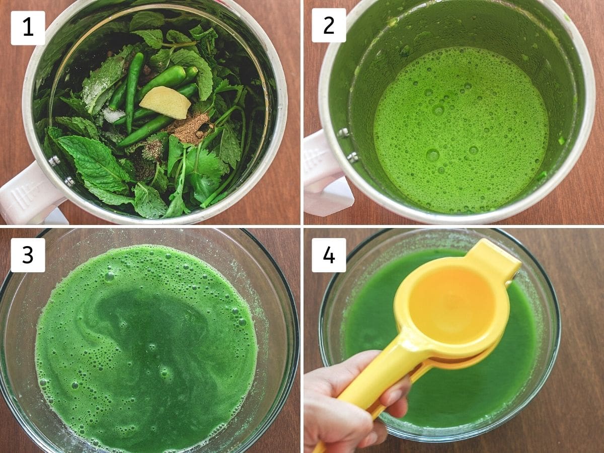 Collage of 4 steps showing tikha pani ingredients in a blender, smooth paste and water in a bowl.