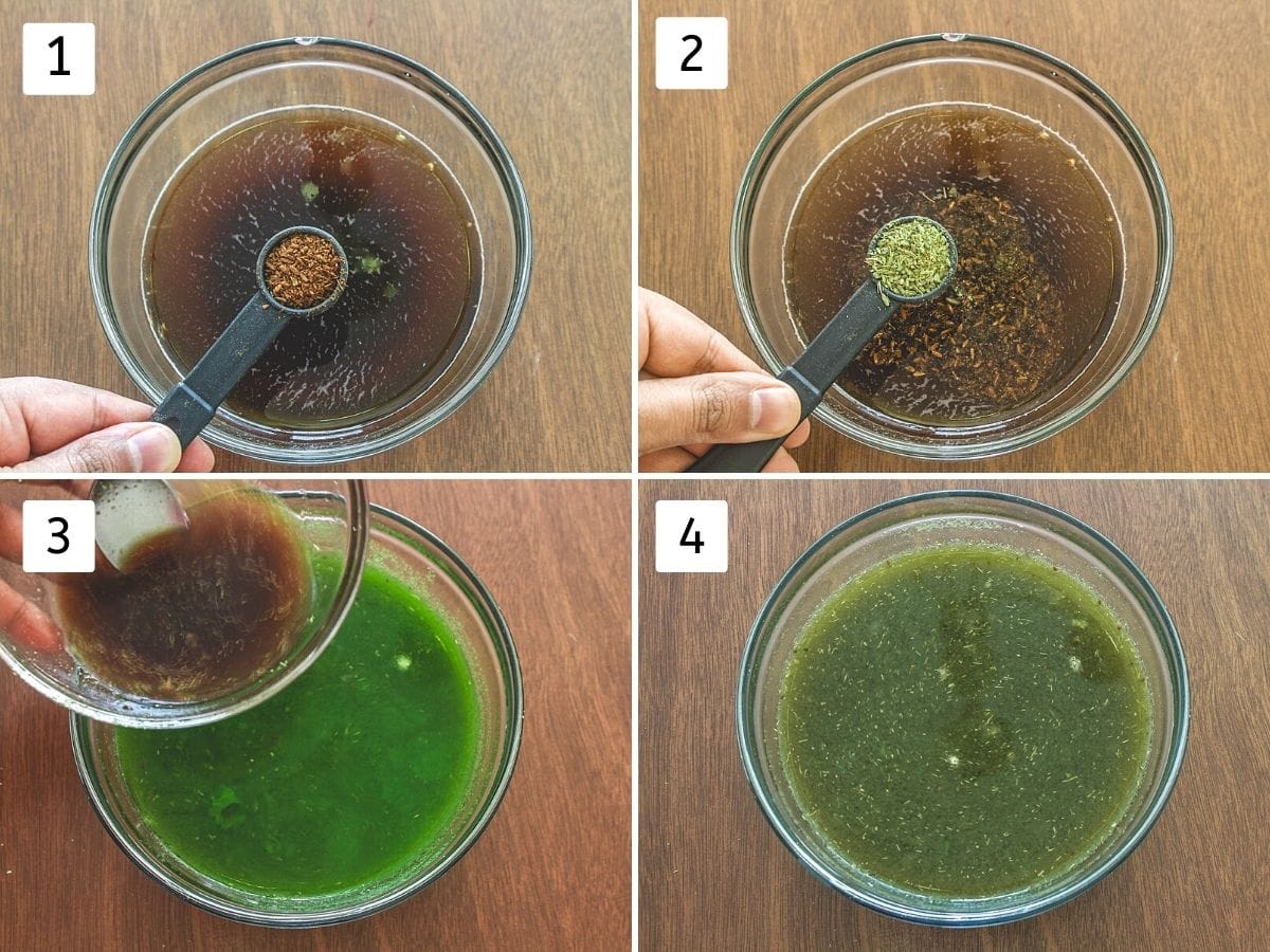 Collage of 4 steps showing adding spices in water and ready khatta meetha water.