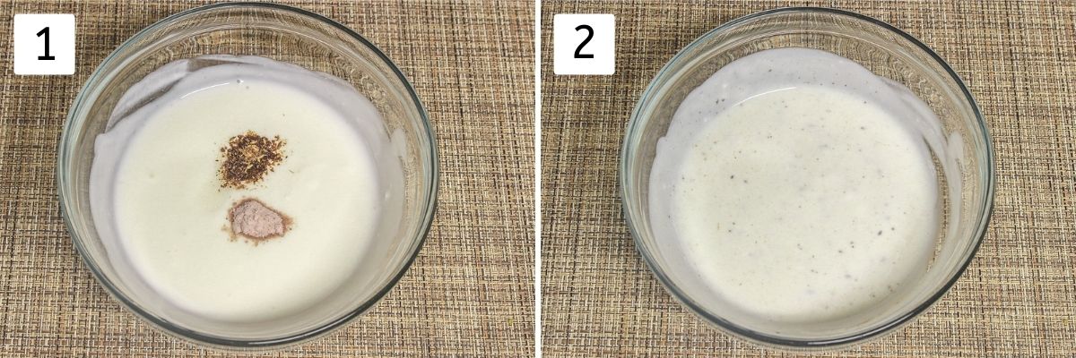 Collage of 2 steps showing spices in the yogurt and whisked yogrut.