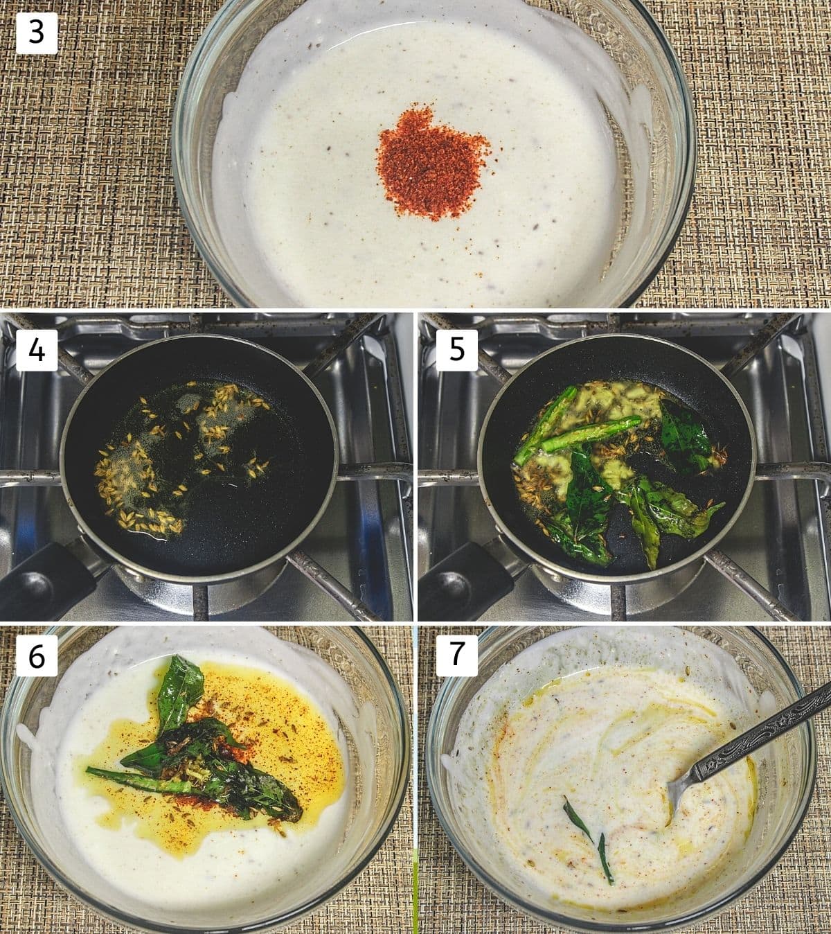 Collage of 5 steps showing chili powder in the yogurt, tempering made and added to the yogurt.