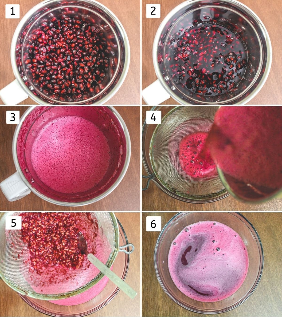 Collage of 6 steps showing pomegranate seeds in the blender, straining the juice and ready juice in a bowl.