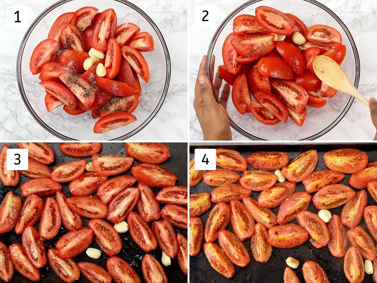 Collage of 4 images showing mixing tomatoes with salt, pepper and oil, then roasted into the oven.