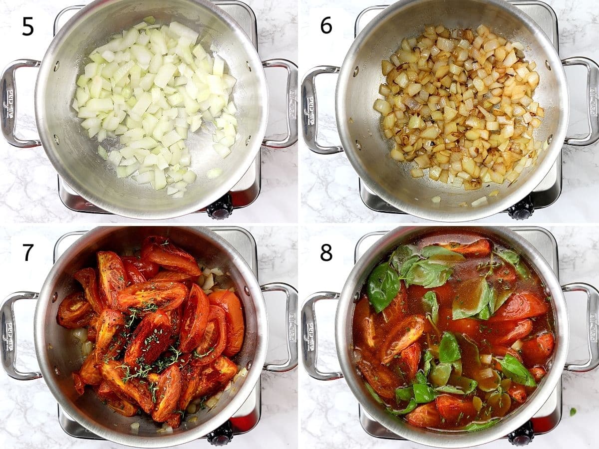 Collage of 4 steps showing caramelizing onions, adding roasted tomatoes, fresh herbs, paprika and stock.