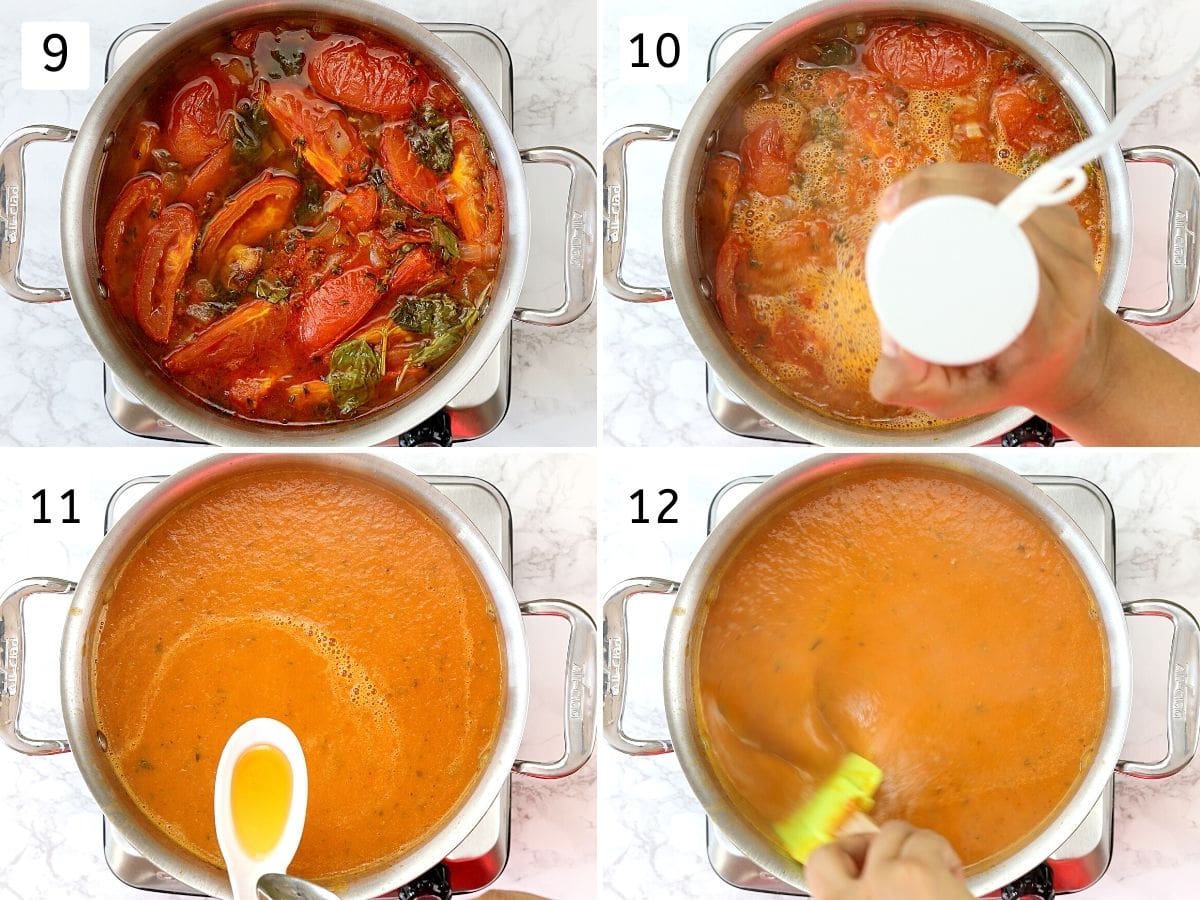 Collage of 4 images showing simmered soup mixture, blending, adding honey and ready soup.