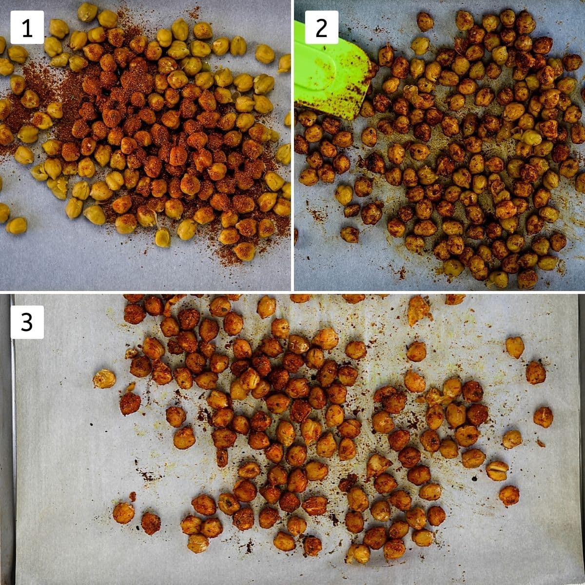 Collage of 3 steps showig mixing chickpeas with tikka spice mix and roasted chickpeas.